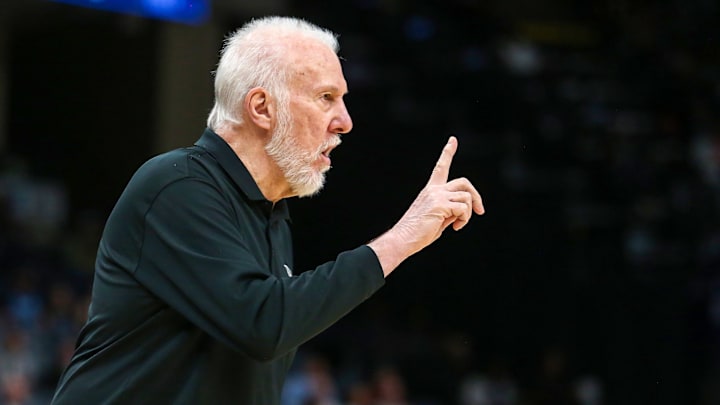 Apr 9, 2024; Memphis, Tennessee, USA; San Antonio Spurs head coach Gregg Popovich gives direction during the first half against the Memphis Grizzlies at FedExForum. 