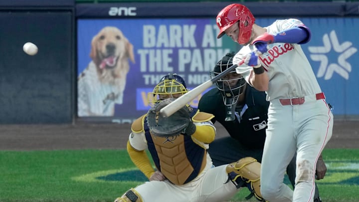 Philadelphia Phillies shortstop Trea Turner (7) hits a two-run triple during the fifth inning of their game against the Milwaukee Brewers Monday, September 1, 2025 at American Family Field in Milwaukee, Wisconsin.
