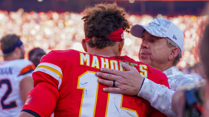 Nov 10, 2024; Kansas City, Missouri, USA; Denver Broncos head coach Sean Peyton talks with Kansas City Chiefs quarterback Patrick Mahomes (15) after the game at GEHA Field at Arrowhead Stadium. Mandatory Credit: Denny Medley-Imagn Images