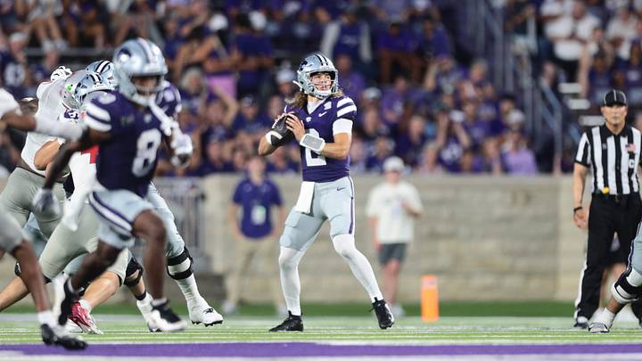 Kansas State Wildcats quarterback Avery Johnson (2) steps back for a pass during the game against Nicholls Colonels inside Bill Snyder Family Stadium on Sept. 5, 2026. Kansas State Wildcats quarterback Avery Johnson (2) steps back for a pass during the game against Nicholls Colonels inside Bill Snyder Family Stadium on Sept. 5, 2026.