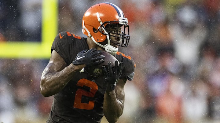 Nov 27, 2022; Cleveland, Ohio, USA; Cleveland Browns wide receiver Amari Cooper (2) makes a first down reception against the Tampa Bay Buccaneers during overtime at FirstEnergy Stadium. Mandatory Credit: Scott Galvin-USA TODAY Sports