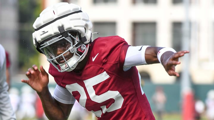 The Crimson Tide football team continued practice Thursday, Aug. 1, 2024, as they prepare for the season opener and the first game under new head coach Kalen DeBoer. Alabama defensive back Jahlil Hurley (25) backpedals during a defensive drill.