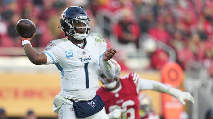 Dec 14, 2025; Santa Clara, California, USA;  Tennessee Titans quarterback Cam Ward (1) passes the ball during the third quarter against the San Francisco 49ers at Levi's Stadium. Mandatory Credit: Cary Edmondson-Imagn Images