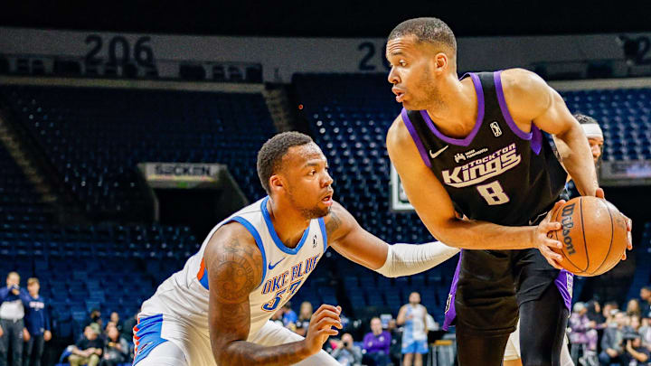 Stockton Kings Center Skal Labissiere(8) looks to best his defender during a Western Conference Final Playoff game between the Oklahoma City Blue and the Stockton Kings at the Adventist Health Arena in Stockton.