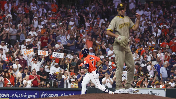 Padres starting pitcher Kyle Hart (68) looks on and Houston Astros right fielder Cam Smith (11) rounds the bases after hitting a home run during the fourth inning at Daikin Park on April 18. Padres starting pitcher Kyle Hart (68) looks on and Houston Astros right fielder Cam Smith (11) rounds the bases after hitting a home run during the fourth inning at Daikin Park on April 18.