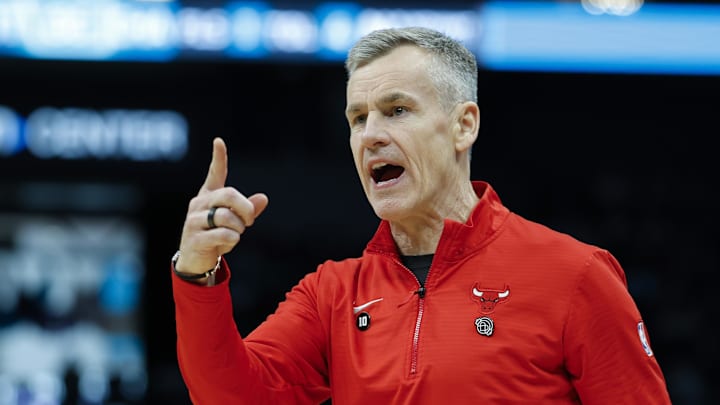 Apr 6, 2025; Charlotte, North Carolina, USA; Chicago Bulls head coach Billy Donovan yells at an official during the second half against the Charlotte Hornets at Spectrum Center. Mandatory Credit: Nell Redmond-Imagn Images
