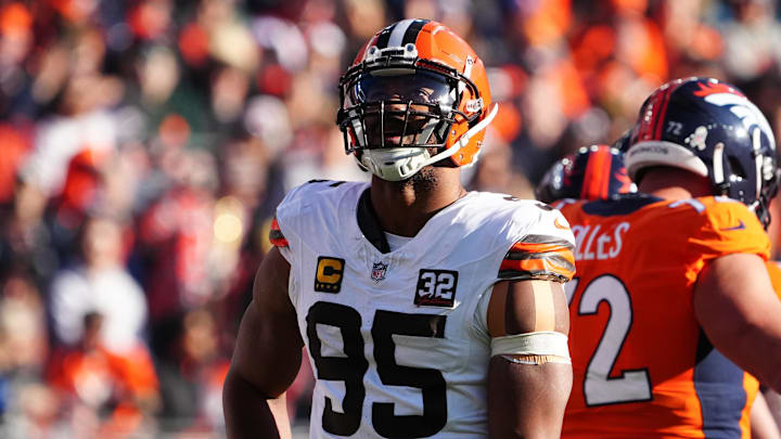 Nov 26, 2023; Denver, Colorado, USA; Cleveland Browns defensive end Myles Garrett (95) during a