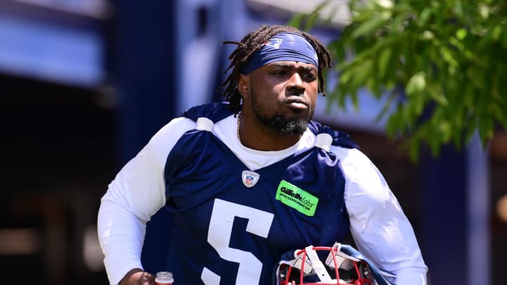 Jun 10, 2024; Foxborough, MA, USA; New England Patriots safety Jabrill Peppers (5) walks to the practice fields for minicamp at Gillette Stadium. Mandatory Credit: Eric Canha-USA TODAY Sports
