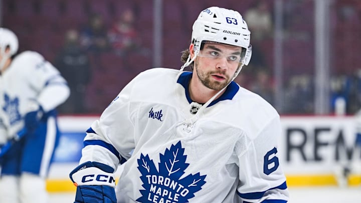 Sep 25, 2025; Montreal, Quebec, CAN; Toronto Maple Leafs forward Matias Maccelli (63) looks on during warm-up before the game against the Montreal Canadiens at Bell Centre. Mandatory Credit: David Kirouac-Imagn Images