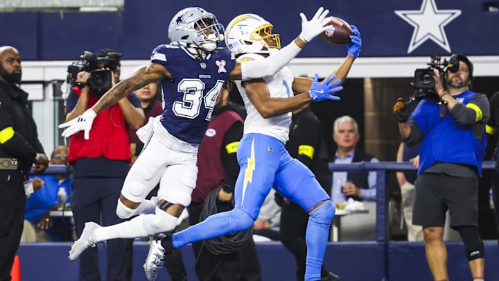 Los Angeles Chargers WR Quentin Johnston catches a touchdown pass against Dallas Cowboys CB Shavon Revel Jr.