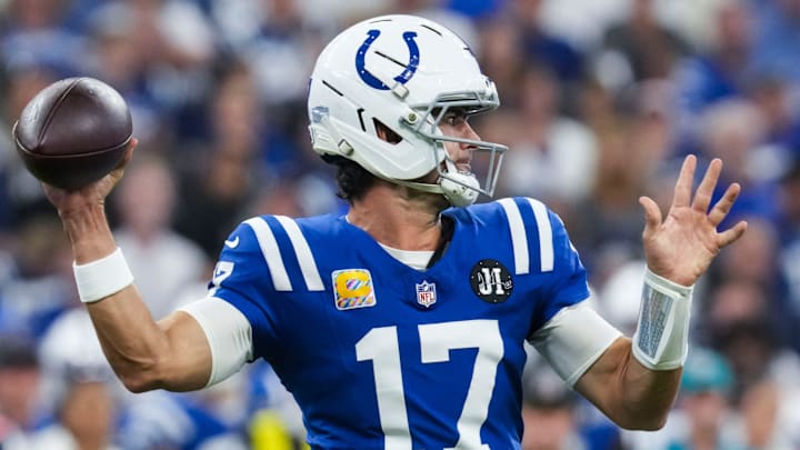 Indianapolis Colts quarterback Daniel Jones (17) looks to pass Sunday, Oct. 5, 2025, during a game against the Las Vegas Raiders at Lucas Oil Stadium in Indianapolis. Indianapolis Colts quarterback Daniel Jones (17) looks to pass Sunday, Oct. 5, 2025, during a game against the Las Vegas Raiders at Lucas Oil Stadium in Indianapolis.