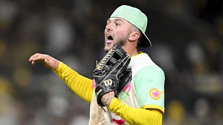 Mar 28, 2025; San Diego, California, USA; San Diego Padres center fielder Jackson Merrill (3) celebrates after the Padres beat the Atlanta Braves 4-3 at Petco Park. Mandatory Credit: Denis Poroy-Imagn Images