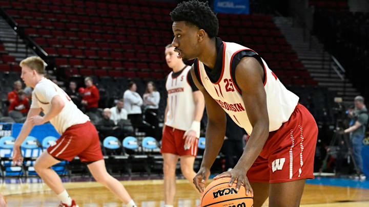 Mar 18, 2026; Portland, OR, USA; Wisconsin Badgers guard John Blackwell (25) participates in drills during a practice session ahead of the first round of the men's 2026 NCAA Tournament at Moda Center.