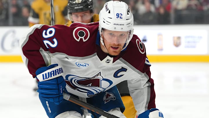 Dec 27, 2025; Las Vegas, Nevada, USA; Colorado Avalanche left wing Gabriel Landeskog (92) skates against the Vegas Golden Knights during the first period at T-Mobile Arena. Mandatory Credit: Stephen R. Sylvanie-Imagn Images