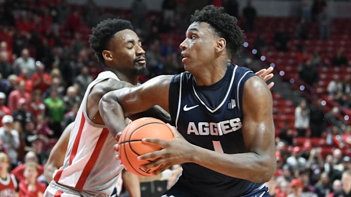Jan 13, 2024; Las Vegas, Nevada, USA; Utah State Aggies forward Great Osobor (1) drives to the