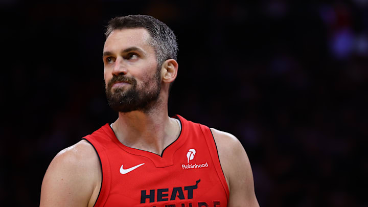 Nov 18, 2024; Miami, Florida, USA; Miami Heat forward Kevin Love (42) looks on against the Philadelphia 76ers during the third quarter at Kaseya Center. Mandatory Credit: Sam Navarro-Imagn Images