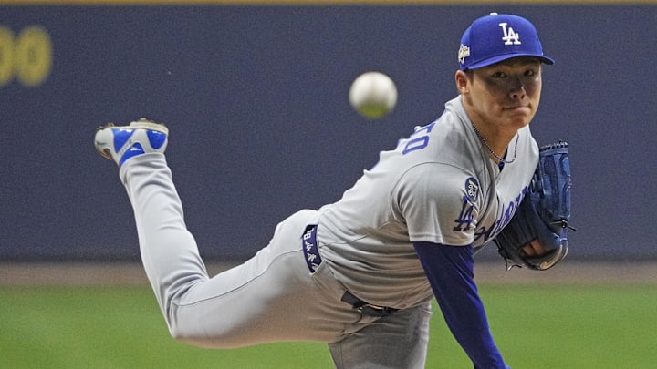 Oct 14, 2025; Milwaukee, Wisconsin, USA; Los Angeles Dodgers pitcher Yoshinobu Yamamoto (18) Oct 14, 2025; Milwaukee, Wisconsin, USA; Los Angeles Dodgers pitcher Yoshinobu Yamamoto (18)