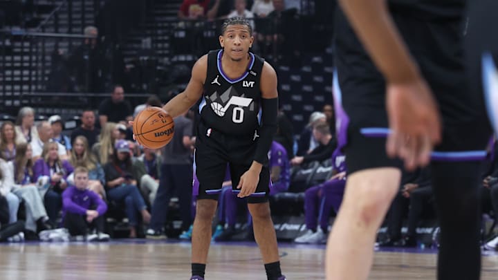 Mar 30, 2026; Salt Lake City, Utah, USA; Utah Jazz guard Kennedy Chandler (0) looks for a play against the Cleveland Cavaliers during the first half at Delta Center. Mandatory Credit: Rob Gray-Imagn Images