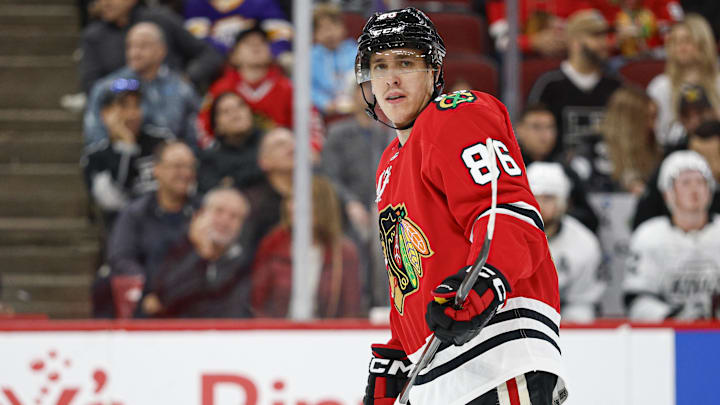 Oct 26, 2025; Chicago, Illinois, USA; Chicago Blackhawks center Teuvo Teravainen (86) looks on during the first period of an NHL game against the Los Angeles Kings at United Center. Mandatory Credit: Kamil Krzaczynski-Imagn Images