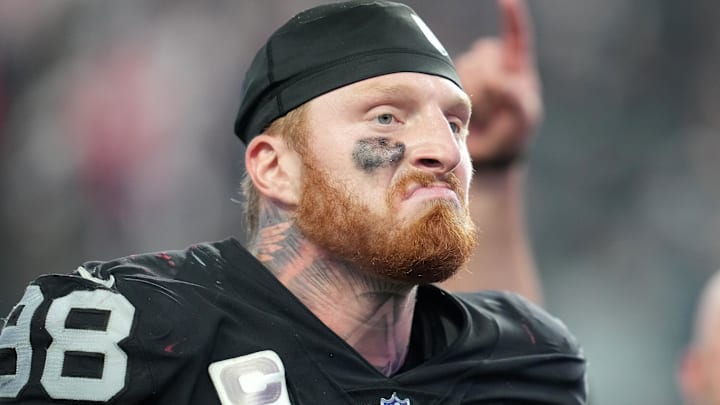 Dec 18, 2022; Paradise, Nevada, USA; Las Vegas Raiders defensive end Maxx Crosby (98) walks off the field after the Raiders defeated the New England Patriots 30-24 at Allegiant Stadium.