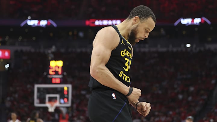 Golden State Warriors guard Stephen Curry (30) reacts after a play during game seven of the first round for the 2025 NBA Playoffs against the Houston Rockets at Toyota Center. Mandatory Credit: Troy Taormina-Imagn Images