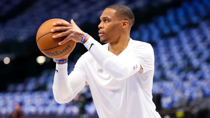 Apr 28, 2024; Dallas, Texas, USA; LA Clippers guard Russell Westbrook (0) warms up before the game against the Dallas Mavericks during game four of the first round for the 2024 NBA playoffs at American Airlines Center. Mandatory Credit: Kevin Jairaj-USA TODAY Sports Apr 28, 2024; Dallas, Texas, USA; LA Clippers guard Russell Westbrook (0) warms up before the game against the Dallas Mavericks during game four of the first round for the 2024 NBA playoffs at American Airlines Center. Mandatory Credit: Kevin Jairaj-USA TODAY Sports