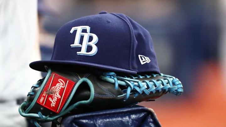 A detail view of a Tampa Bay Rays hat and glove at Tropicana Field on Sept 6, 2019.