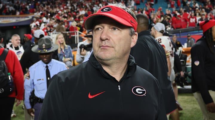 Dec 30, 2023; Miami Gardens, FL, USA; rGeorgia Bulldogs head coach Kirby Smart reacts after the 2023