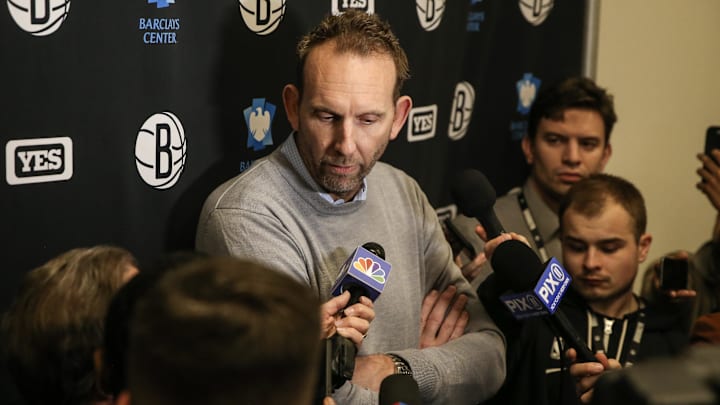 Feb 9, 2023; Brooklyn, New York, USA; Brooklyn Nets General Manager Sean Marks addresses the media prior to the game against the Chicago Bulls at Barclays Center. Mandatory Credit: Wendell Cruz-Imagn Images Feb 9, 2023; Brooklyn, New York, USA; Brooklyn Nets General Manager Sean Marks addresses the media prior to the game against the Chicago Bulls at Barclays Center. Mandatory Credit: Wendell Cruz-Imagn Images
