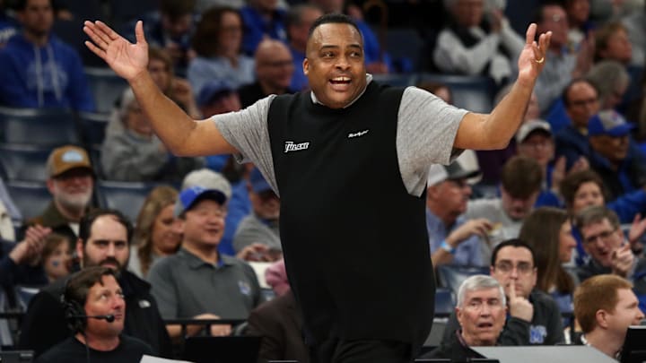 Feb 11, 2024; Memphis, Tennessee, USA; Tulane Green Wave head coach Ron Hunter reacts during the second half against the Memphis Tigers at FedExForum. Feb 11, 2024; Memphis, Tennessee, USA; Tulane Green Wave head coach Ron Hunter reacts during the second half against the Memphis Tigers at FedExForum.