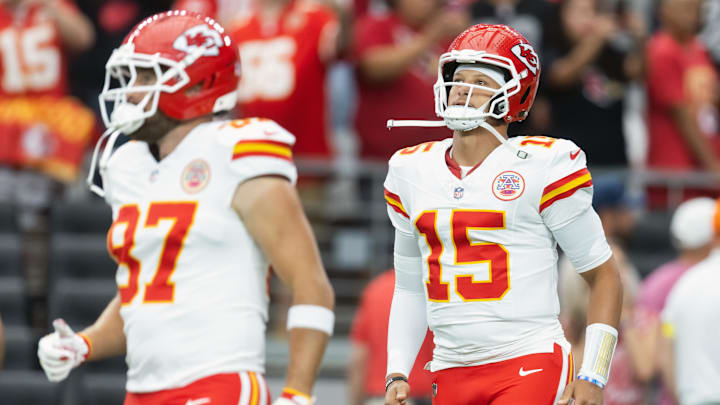 Aug 9, 2025; Glendale, Arizona, USA; Kansas City Chiefs quarterback Patrick Mahomes (15) and tight end Travis Kelce (87) against the Arizona Cardinals during a preseason NFL game at State Farm Stadium. Mandatory Credit: Mark J. Rebilas-Imagn Images