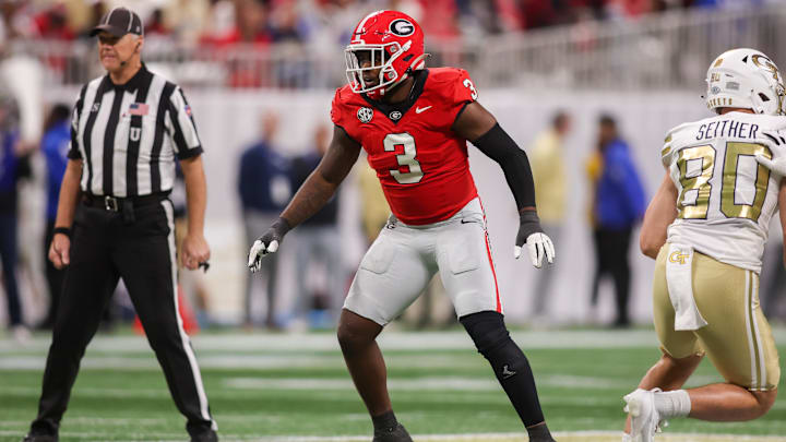 Nov 28, 2025; Atlanta, Georgia, USA; Georgia Bulldogs linebacker CJ Allen (3) in action against the Georgia Tech Yellow Jackets in the fourth quarter at Mercedes-Benz Stadium. Mandatory Credit: Brett Davis-Imagn Images