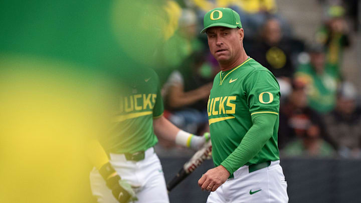 Oregon coach Mark Wasikowski as the Oregon Ducks host the Oregon State Beavers on April 25, 2025, at PK Park in Eugene.