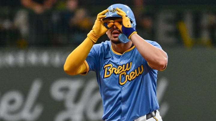 Milwaukee Brewers shortstop Willy Adames reacts after hitting a double against the Arizona Diamondbacks on Sept. 22 at American Family Field.