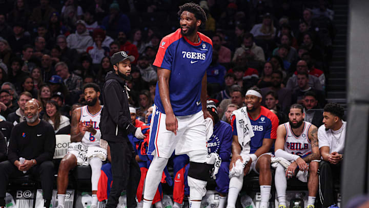 Jan 4, 2025; Brooklyn, New York, USA; Philadelphia 76ers center Joel Embiid (21) looks on during the first half against the Brooklyn Nets at Barclays Center. Mandatory Credit: Vincent Carchietta-Imagn Images Jan 4, 2025; Brooklyn, New York, USA; Philadelphia 76ers center Joel Embiid (21) looks on during the first half against the Brooklyn Nets at Barclays Center. Mandatory Credit: Vincent Carchietta-Imagn Images