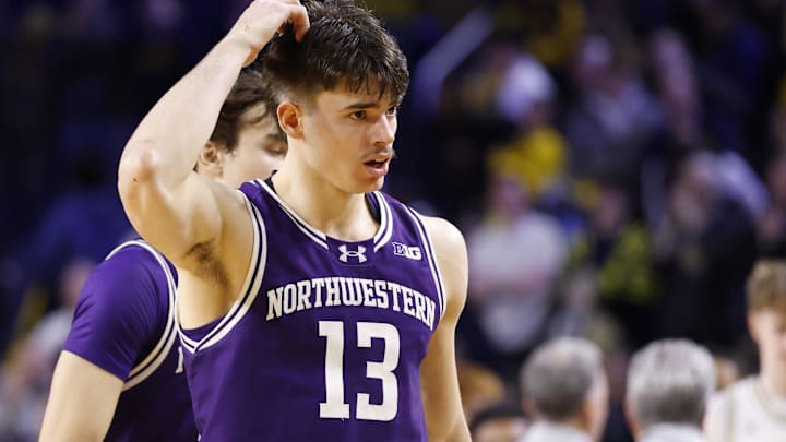 Jan 19, 2025; Ann Arbor, Michigan, USA;  Northwestern Wildcats guard Brooks Barnhizer (13) reacts after the game against the Michigan Wolverines at Crisler Center. Mandatory Credit: Rick Osentoski-Imagn Images