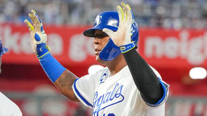 Aug 6, 2026; Kansas City, Missouri, USA; Kansas City Royals designated hitter Salvador Perez (13) celebrates on first after hitting a one run single against the Minnesota Twins during the sixth inning at Kauffman Stadium. Mandatory Credit: Denny Medley-Imagn Images Aug 6, 2026; Kansas City, Missouri, USA; Kansas City Royals designated hitter Salvador Perez (13) celebrates on first after hitting a one run single against the Minnesota Twins during the sixth inning at Kauffman Stadium. Mandatory Credit: Denny Medley-Imagn Images