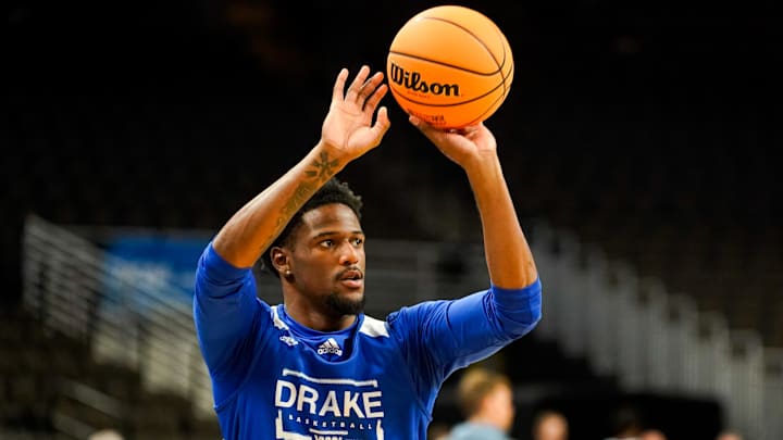 Mar 20, 2024; Omaha, NE, USA; Drake Bulldogs guard Kevin Overton (1) warms up during the NCAA first