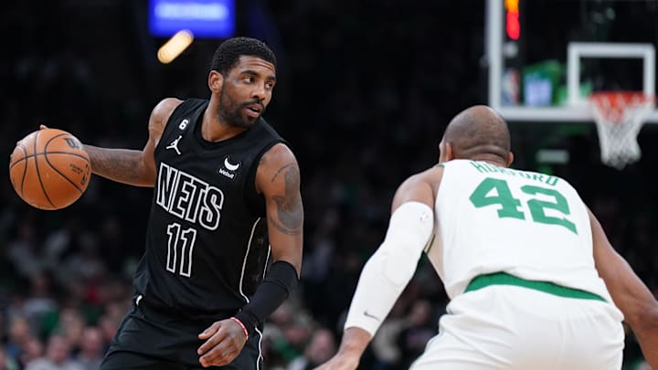 Feb 1, 2023; Boston, Massachusetts, USA; Brooklyn Nets guard Kyrie Irving (11) returns the ball against Boston Celtics center Al Horford (42) in the second half at TD Garden. Mandatory Credit: David Butler II-Imagn Images Feb 1, 2023; Boston, Massachusetts, USA; Brooklyn Nets guard Kyrie Irving (11) returns the ball against Boston Celtics center Al Horford (42) in the second half at TD Garden. Mandatory Credit: David Butler II-Imagn Images