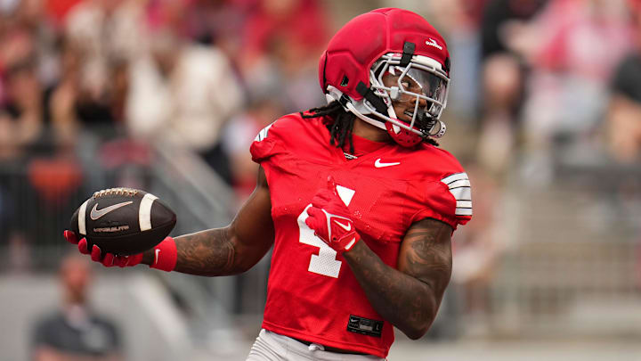Wide receiver Jeremiah Smith (4) scores a touchdown during the Ohio State football spring game at Ohio Stadium in Columbus on April 18, 2026.