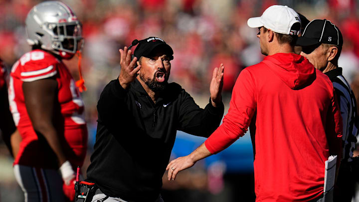Ohio State Buckeyes head coach Ryan Day reacts to a targeting call on linebacker Arvell Reese during the second half of the NCAA football game against the Nebraska Cornhuskers at Ohio Stadium in Columbus on Saturday, Oct. 26, 2024. Ohio State won 21-17.