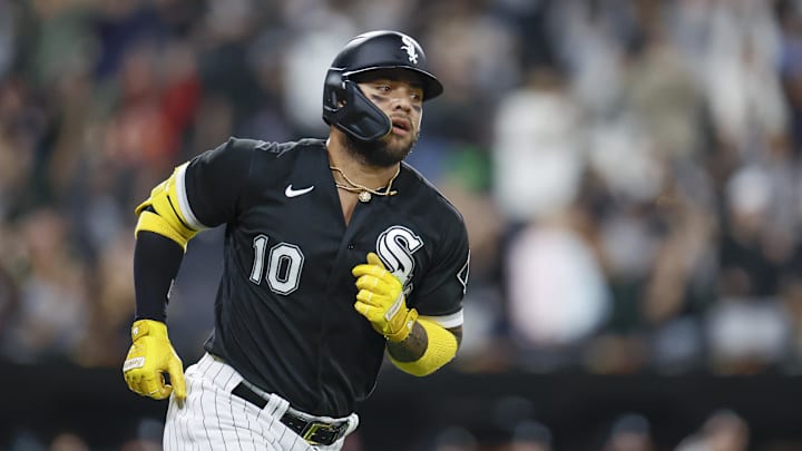Sep 29, 2023; Chicago, Illinois, USA; Chicago White Sox third baseman Yoan Moncada (10) rounds the bases after hitting a solo home run against the San Diego Padres during the eight inning at Guaranteed Rate Field. Mandatory Credit: Kamil Krzaczynski-Imagn Images
