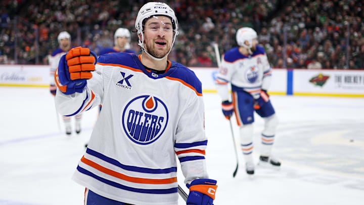 Dec 20, 2025; Saint Paul, Minnesota, USA; Edmonton Oilers left wing Andrew Mangiapane (88) celebrates his goal against the Minnesota Wild during the first period at Grand Casino Arena. Mandatory Credit: Matt Krohn-Imagn Images Dec 20, 2025; Saint Paul, Minnesota, USA; Edmonton Oilers left wing Andrew Mangiapane (88) celebrates his goal against the Minnesota Wild during the first period at Grand Casino Arena. Mandatory Credit: Matt Krohn-Imagn Images