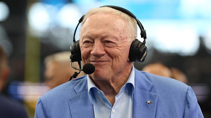 Dallas Cowboys owner Jerry Jones talks to the media before the game against the Los Angeles Chargers.