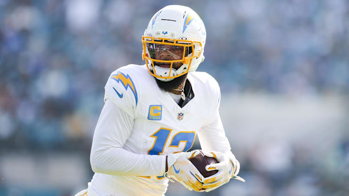 Nov 16, 2025; Jacksonville, Florida, USA; Los Angeles Chargers wide receiver Keenan Allen (13) catches a pass against the Jacksonville Jaguars during the second quarter at EverBank Stadium. Mandatory Credit: Nathan Ray Seebeck-Imagn Images