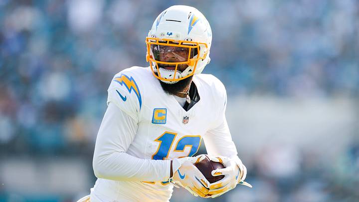 Nov 16, 2025; Jacksonville, Florida, USA; Los Angeles Chargers wide receiver Keenan Allen (13) catches a pass against the Jacksonville Jaguars during the second quarter at EverBank Stadium. Mandatory Credit: Nathan Ray Seebeck-Imagn Images