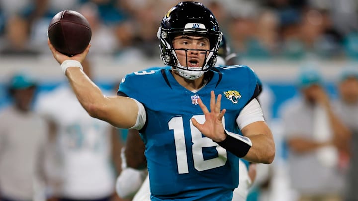 Jacksonville Jaguars quarterback Nathan Rourke (18) throws the ball during the fourth quarter of a Jacksonville Jaguars quarterback Nathan Rourke (18) throws the ball during the fourth quarter of a