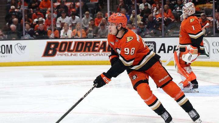 May 14, 2026; Anaheim, California, USA; Anaheim Ducks defenseman Pavel Mintyukov (98) controls the puck during the first period against the Vegas Golden Knights in game six of the second round of the 2026 Stanley Cup Playoffs at Honda Center. Mandatory Credit: Kiyoshi Mio-Imagn Images