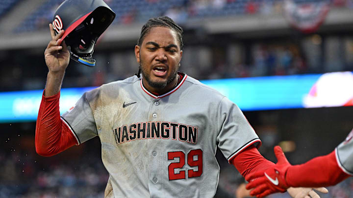 Mar 30, 2026; Philadelphia, Pennsylvania, USA; Washington Nationals left fielder James Wood (29) reacts after scoring a run against the Philadelphia Phillies 