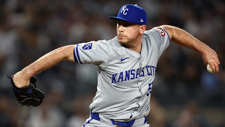 Oct 7, 2024; Bronx, New York, USA; Kansas City Royals pitcher Kris Bubic (50) throws a pitch against the New York Yankees in the seventh inning during game two of the ALDS for the 2024 MLB Playoffs at Yankee Stadium. Mandatory Credit: Vincent Carchietta-Imagn Images